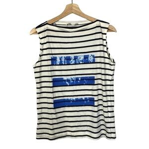 Zara Black & White Stripe Blue Sequin Tank Top M